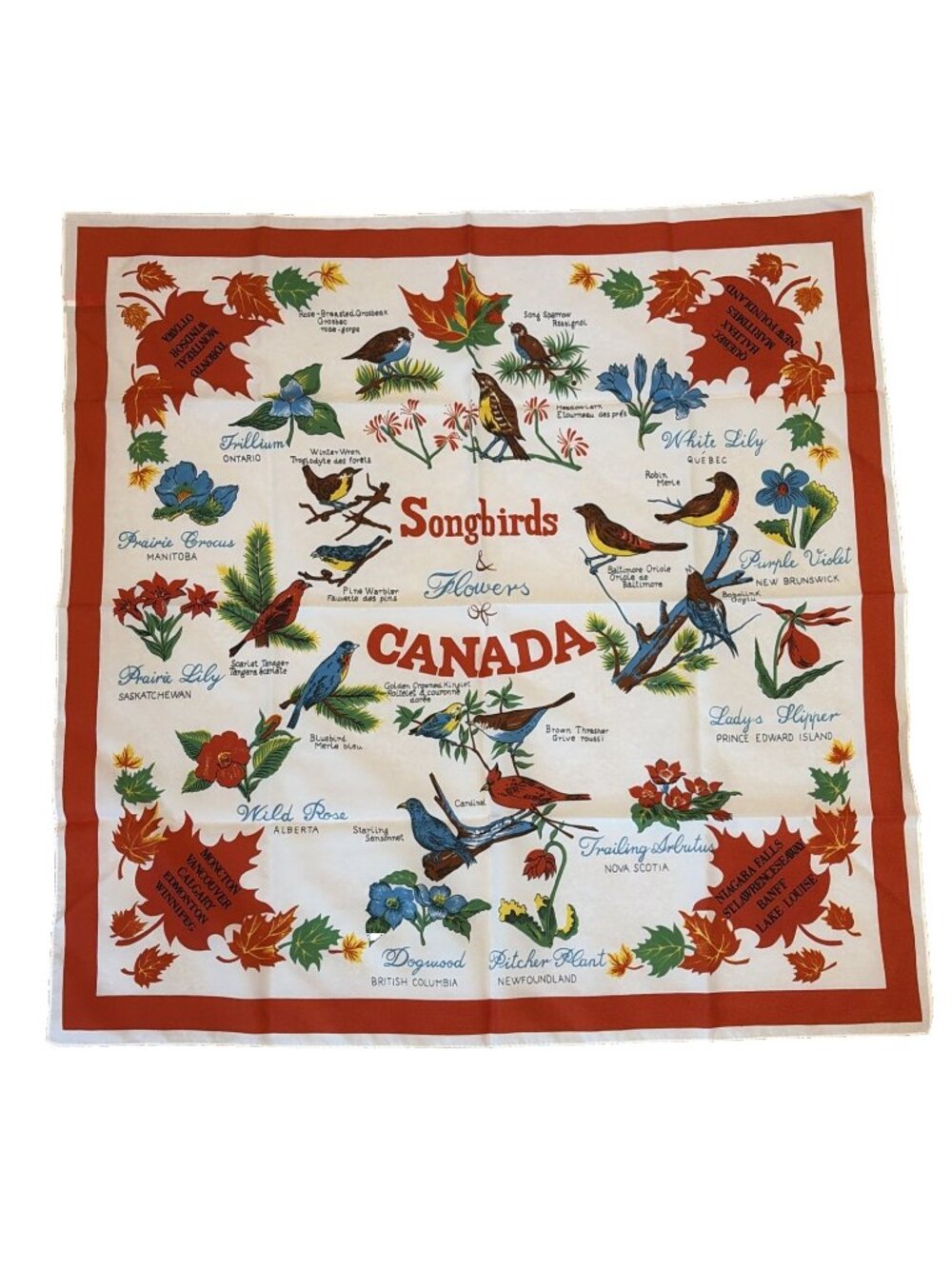 Vintage Canada Songbirds & Flowers Scarf 26x26" Colorful Floral Birds Souvenir